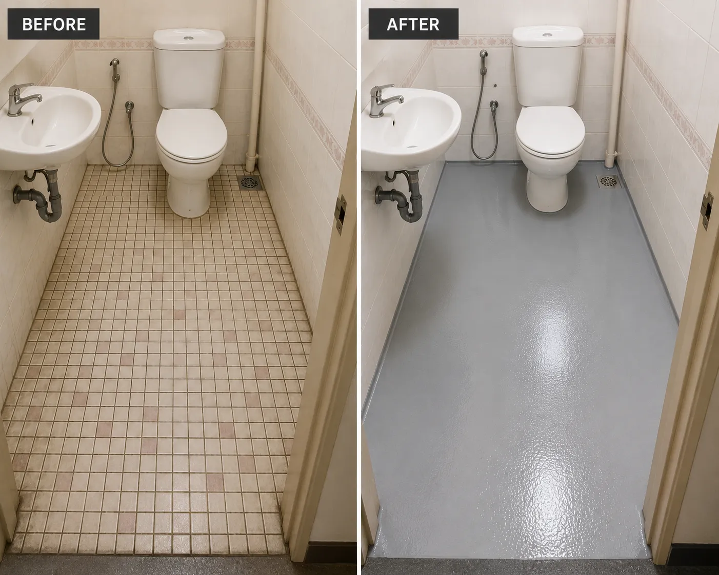 Sebelum dan selepas lantai epoxy bilik air