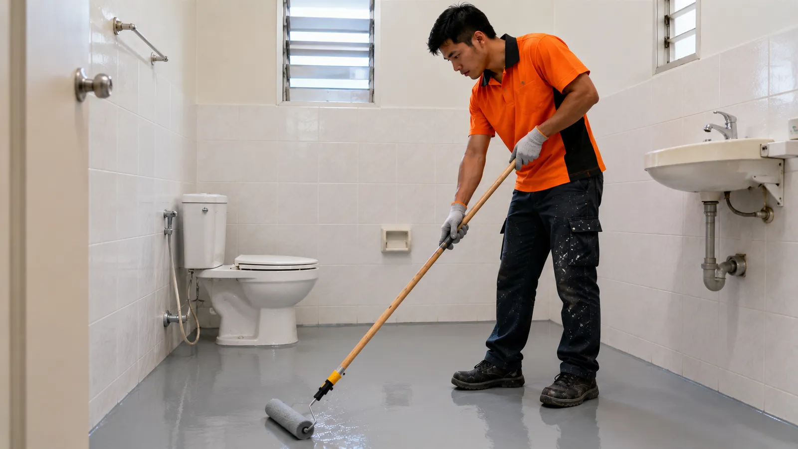 Pekerja Abang Reno menyapu salutan epoxy pada lantai bilik air